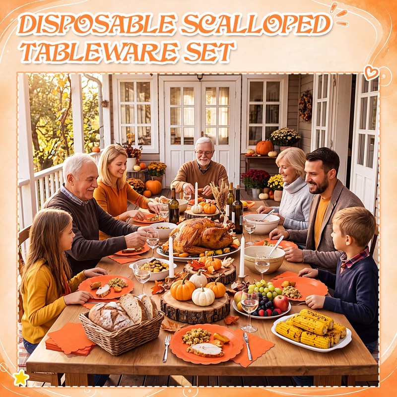 120 Pcs Orange Paper Plates and Napkins,7 Inch Scalloped Fall