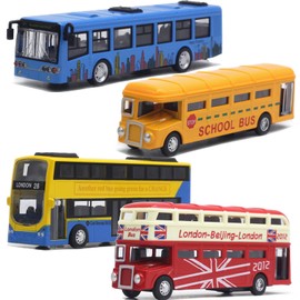 OTONOPI Bus Toys Pull Back School Bus Double Decker London Vehicles City Sightseeing Tour Bus Die Cast Metal Toy Cars Friction Powered Play Vehicle Toy Set for Kids 4 Pack