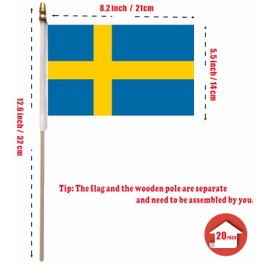 NJ & NJBW 20 Pack Small Mini Sweden Flag on Wooden Stick - 5 x 8inch Miniature Portable Handheld Pole Swedish Flags Decorations