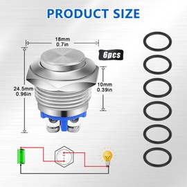 ChAusa 6 Pcs 16mm Momentary Push Button Switch Waterproof Starter Button Switch IP65 3A/12V 24V Brass Screw Type Terminals Metal Button for LED Light Car Boat Motorcycle(High Head)