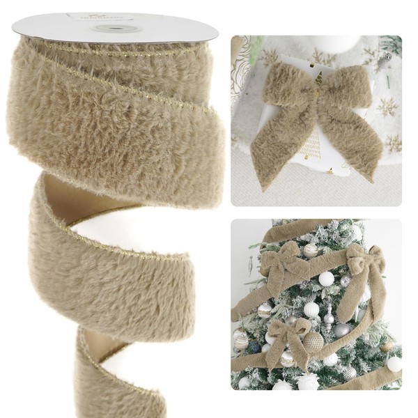 HUIHUANG Camel Faux Fur Wired Ribbon 2.5 inch Khaki Fur