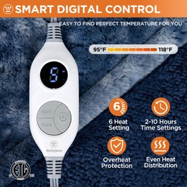 Westinghouse Electric Heated Throw Blanket, Faux Fur with 6 Heating Levels & Auto Off, Soft Cozy Sherpa Washable Blanket (50" x 60", Indigo)