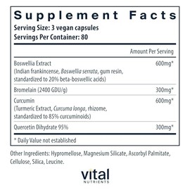 Vital Nutrients BCQ | Vegan Boswellia, Bromelain, Curcumin & Quercetin Supplement | Joint Support Supplement | Supports Sinus & Digestive Health | Glu