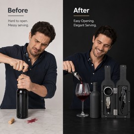 3/5-Piece Wine Opener Accessory Set – Stainless Steel Corkscrew, Foil Cutter, Pourer & Stopper in Bottle-Shaped Case