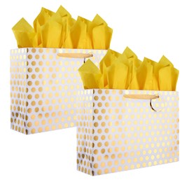 2 Pack 16.5" Extra Large Gift Bags with Tissue Paper for Mother's Day, Birthday Presents (Gold Polka dot)