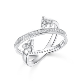 DAOSHANG 925 Celtic knot Ring Sterling Silver Ring for Women Celtic triangle CZ Simulated Ring Criss Cross X Ring Size 7, Sterling Silver, Zircon