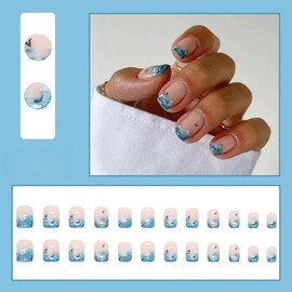 Pikabows Press On Nails Short Square Blue Wave Fake Nails Acrylic Summer Ocean False Nail Tips Kit Glue on Nails for Women