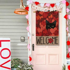 AVOIN colorlife Valentines Day House Flag 28x40 Inch Double Sided Outside, Black Cat Love Hearts Welcome Yard Outdoor Flag