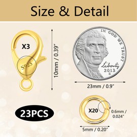 23Pcs 14K Goldplated Lobster Claw Clasps 10mm with Open Jump Rings Jewelry Making Set, 925 Sterling Silver Jewelry Finding Supplies Small Gold Lobster Clasps for Necklaces Bracelet Chains Connector