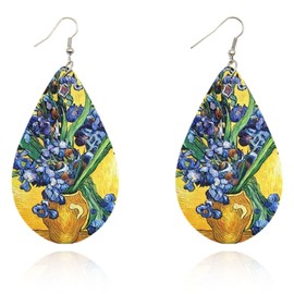 Van Gogh Iris Flower Dangle Earrings for Women Classic Art Jewelry Van Gogh Novelty Fun Earrings Abstract Art Earrings Wood Double Sided Print (Iris Flower)