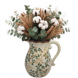 Vintage Ceramic Pitcher Vase with Handle - Green & White Chinoiserie Farmhouse Decor, Rustic Tabletop Flower Vase for Living Room, Bookshelf, Office | Grand Millennial Style | 8.3inch