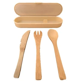 Juego de cubiertos 3 piezas plástico con tapa estilo bambú