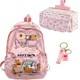Capybara Backpack, Capybara Accessories Set, Kids School Bag, 3-piece Set with Pink Backpack, PVC Keychain, 9-Layer Printed Pencil Case, for Kids Teens Adults, Daily Commute, School, Cute Animal Gift