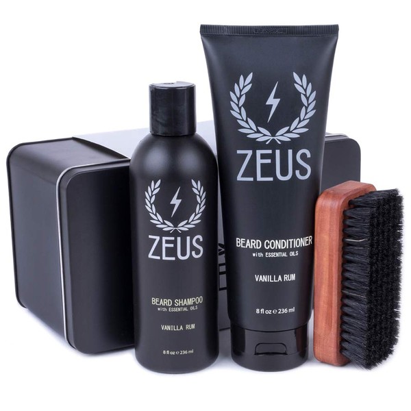 ZEUS Men’s Basic Beard Grooming Kit – Beard Starter Set, Soften, Hydrates, & Moisturizes, Prevents Itching & Flaking (Scent: Vanilla Rum)