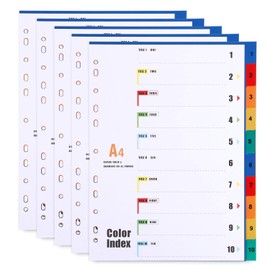 A4 Plastic File Dividers 10 Part Number 1-10 Tabs (5 Pack) Multi-Colour Index Tabs A4 Subject Dividers Reinforced 11-Holes for Office Home