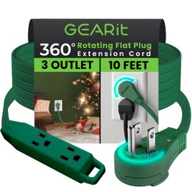 GEARit 360 Rotating Flat Plug Extension Cord with 3 Outlets (10ft, Green) 16AWG/13A 3 Prong Wire, Outlet Saver for Home Office Dorm Room Essentials, ETL Certified
