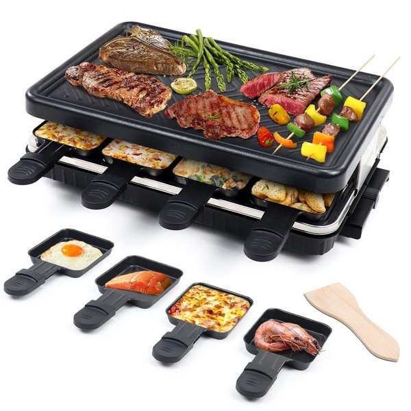 Electric Korean BBQ Indoor Grill Table Smokeless Portable Raclette Grill Nonstick with 8 Cheese Maker Pans Temperature Control & Dishwasher Safe 1300W Ideal for Parties and Family Fun
