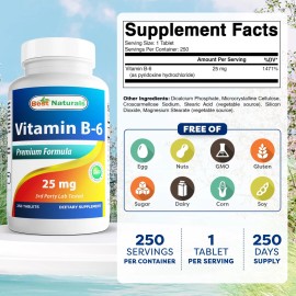 Vitamin B6 Tablets 250 Count 25mg Non GMO Gluten Free Lab Tested Made in USA