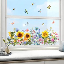 LOONELO Spring Summer Window Stickers, Sunflower Flax Floral Butterfly Wall Clings, Self-Adhesive Natural Wildflowers Glass Door Decals for Bedroom Living Room TV Office Home Decorations
