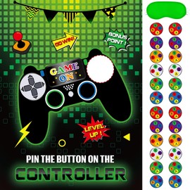 WERNNSAI Pin The Button on The Game - Gamer Party Decorations Birthday Games for Kids Party 21" x 28" Game Poster with 24 Sticker for Boys Gaming Night Birthday Wall Home Room Decorations
