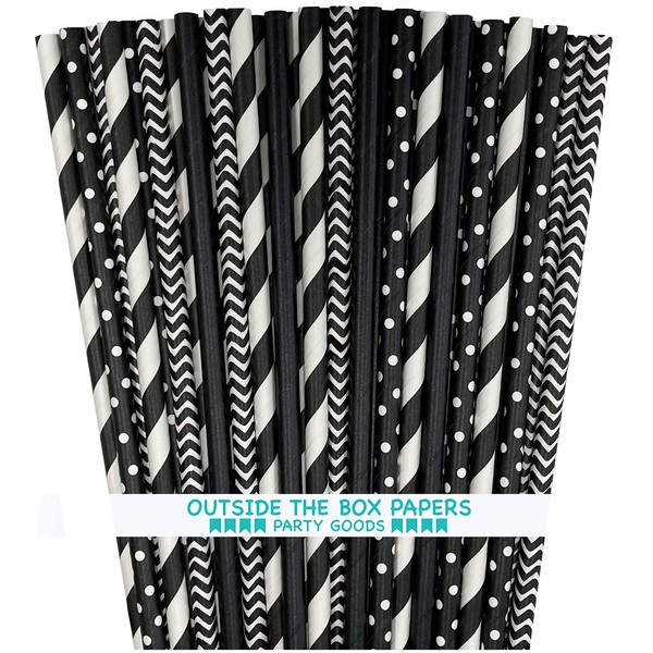 Black and White Paper Straws - Stripe Chevron Solid and