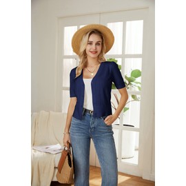 Lightweight Crochet Shrug Short Sleeve Womens Cardigan Sweaters Dressy V-Neck Button up Cardigans for Versatile Occasions Navy Blue M