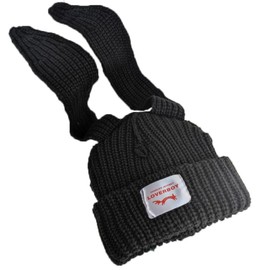 KEMIYA Womens Knit Beanie Hats Cute Bunny Long Ears Funny Hat Warm Winter Knitted Crochet Skull Cap Outdoor Slouchy Hat Black