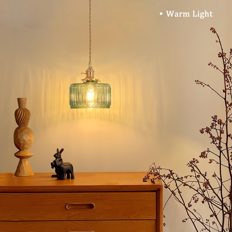 Shenmoyl Pendant Light with Green Striped Glass Lmapshade, Brass Vintage
