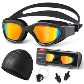 Nasjac Gafas de Natación Anti Niebla UV, 6 en 1 Anteojos de Natación Adultos, Kit Goggles Natacións Incluye Gorro, Auriculares y Clips para la Nariz, para mujeres y hombres (Naranja)