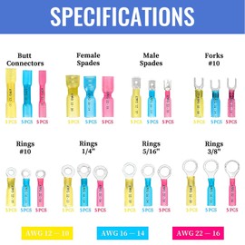 120 PCS Heat Shrink Wire Connectors Qibaok Insulated Electrical Terminals Kit Waterproof Marine Crimp Connector Assortment Fork Spade Butt Splices Ring