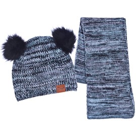 Women's Knit Pom Ears Beanie Infinity Scarf Set Fleece Lined (Black & Baby Blue)