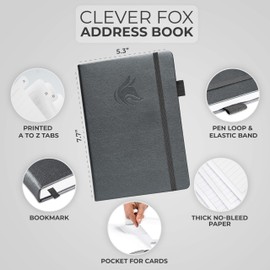 Clever Fox Address Book with alphabetic tabs - PU Leather Telephone and Address Book for Keeping Contacts Safe, Contact Organizer Journal, Medium Size (13.5 x 19cm) Hardcover, Silver Black