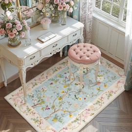 jinchan Floral 3x5 Rug, Washable Rugs Soft Leightweight Non Slip, Chinoiserie Low Pile Throw Indoor Boho Area Rugs, Thin Carpet for Bedroom Bathroom Office Living Room, Blue/Pink