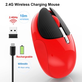 Ratón inalámbrico de carga, lindo ratón silencioso para computadora con receptor USB, 2.4 GHz, óptico inalámbrico, mini mouse de oficina en casa para laptop, laptop, laptop, PC, computadora (rojo)