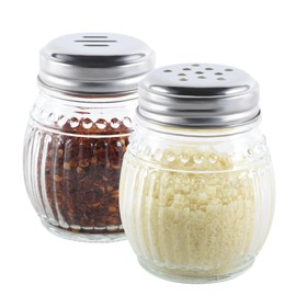 Wongblee Cheese and Pepper Shakers Set of 2, 6oz Glass Spice Shakers with Stainless Steel Perforated and Slotted Top (Clear)