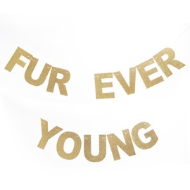 Furever Young Gold Glitter Banner for Dog Cat Birthday Party Decorations Fun Puppy and Kitten Pet Theme Party Supplies and Favors
