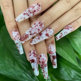 Outyua Glossy Spot Blot Designed Press on Nails Coffin Designer Fake Nails ballerina Ombre Cute Thick False Acrylic Artificial Full Cover Nails 24pcs (Brown)