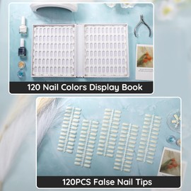 Segbeauty Nail Display Book, 120 Colour Nail Art Display Stand with 120 False Nail Tips, Blank Nail Colour Card, Nail Art Display Colour Chart Book for Salon, Nail Art Design (Silver)