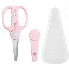 Baby Food Scissors with Travel Case, Portable Stainless Steel Shears with Safety Lock, Dishwasher Safe, Kitchen Scissors, Healthy Food Cutter with Dust Cover, Pink