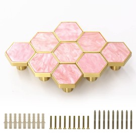 EVERGD 27mm Pure Copper Handle Shell Brass Gold Wardrobe Kitchen Cabinet Door Knobs Drawer Cupboard Hardware Pull Handle Clothes Coat Hook Modern Simple (9, Hexagon-Pink 25mm)