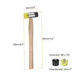 QUARKZMAN Double Head Hammer 25 mm/1 Inch Diameter Plastic & Polyurethane Double-Sided Soft Hammer with 2 Replacement Heads Wooden Handle for Wooden Floor Installation Black Yellow