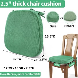 Glyzia 2.5" Thick Chair Cushions for Dining Chair, Corduroy Foam Kitchen Chair Pads, U Shaped Indoor Seat Cushions with Ties & Non-Slip Backing, Removable Washable Cover, 17''x16.5'', Set of 4, Green