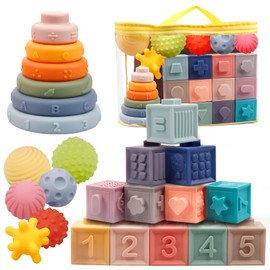Plunack Montessori Toys for Babies 6-12 Months Soft Baby Toys Set 3 in 1 Stacking Building Blocks Infant Teething Toys Sensory Balls Educational Learning Toys for Toddlers 3-6-9-12 Months Boys Girls