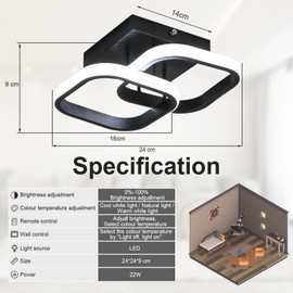 EIDISUNY Dimmable LED Ceiling Light Modern Square LED Ceiling Lamp with Remote Control, 3 Colour Temperature Adjustments, Ceiling Lighting Fixture for Kitchen Bedrooms Hallway Office - 22W Black.