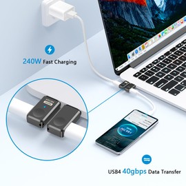 HESKUL Magnetic USB C Adapter Straight, Side Port USB C Magnetic Adapter 240W 24 Pins with USB4 40Gbps 8K 60Hz for Thunderbolt 3/4, MacBook Pro/Air, Swtich and More Type C Devices, Black