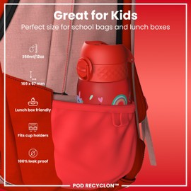 Ion8 Kids Water Bottles, BPA Free, Leakproof, Dishwasher Safe, Easy Open, Secure Lock, Small Boys & Girls Water Bottle,Kids Drinks Bottle for Spill-free Drinking, Red, Unicorns, 350ml/12oz