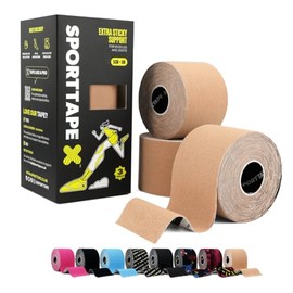 SPORTTAPE Kinesiology Tape, 5cm x 5m, 3 Rolls, Beige - Waterproof & Hypoallergenic Kinetic Physio Tape for Muscle Injury Recovery, Sports Strapping for Knee Pain, Shoulder, Joint Support & Blisters
