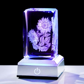 Ornalrist 3D Crystal Engraved Sunflower Figurine Paperweight with LED Light Base, Sunflower Birthday Gifts for Friends Women Sister