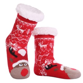 FNOVCO Kids Slipper Socks Boys Girls Fuzzy Soft Thick Cozy Warm Fleece lined Winter Indoor Christmas Socks (8-12 Years, Red Christmas Deer)