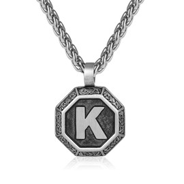 Rajputana Initial Necklace for Men Boys Stainless Steel Letter Pendant Chain A-Z 50+5cm Octagonal Nordic Viking Talisman Jewelry Gifts, Stainless Steel, No Gemstone